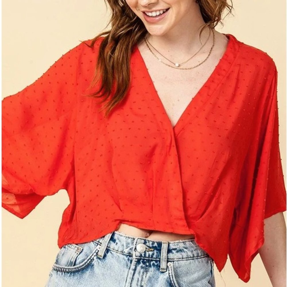 *NEW* Faux Wrap Kimono Crop Blouse Orange Sz S